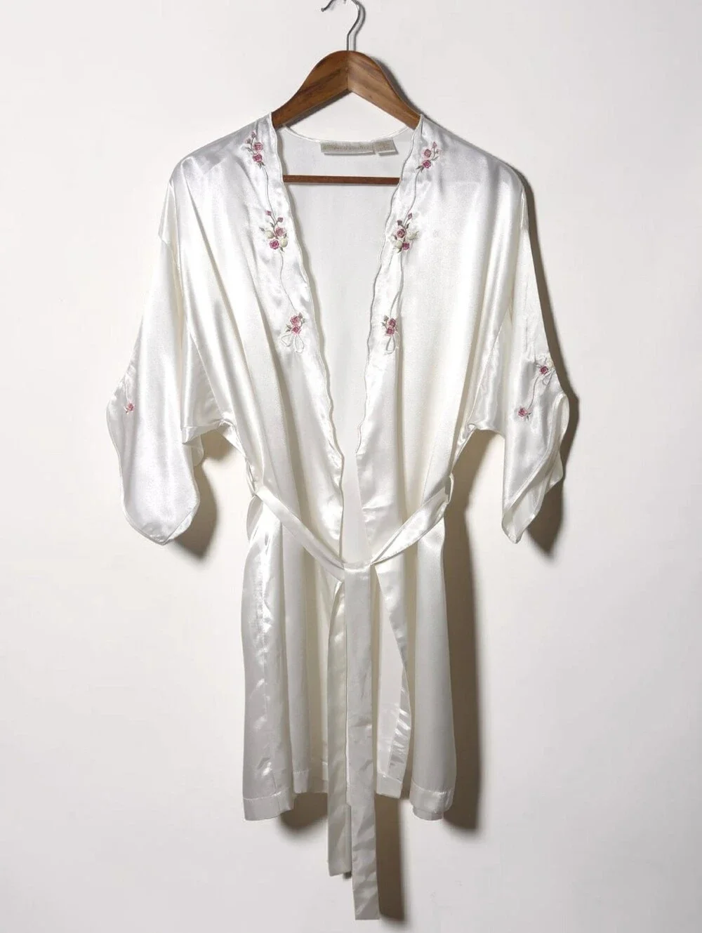 Vintage Gilligan O’Malley Satin Cottagecore Kimono Robe Size S Cream Floral